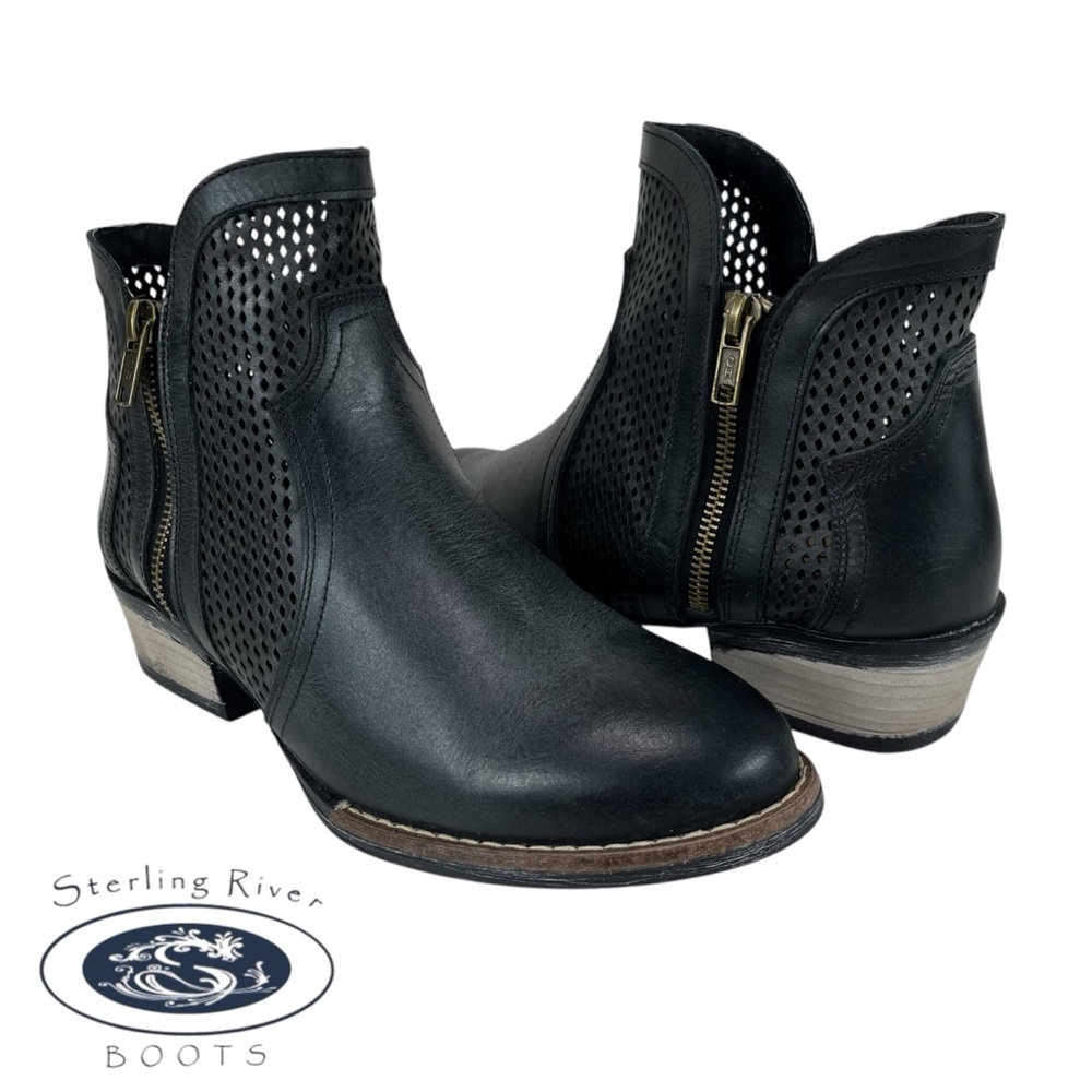 Sterling River‎ Boots Women 8.5 Black Leather Ankle Boots Diamond Laser Cut